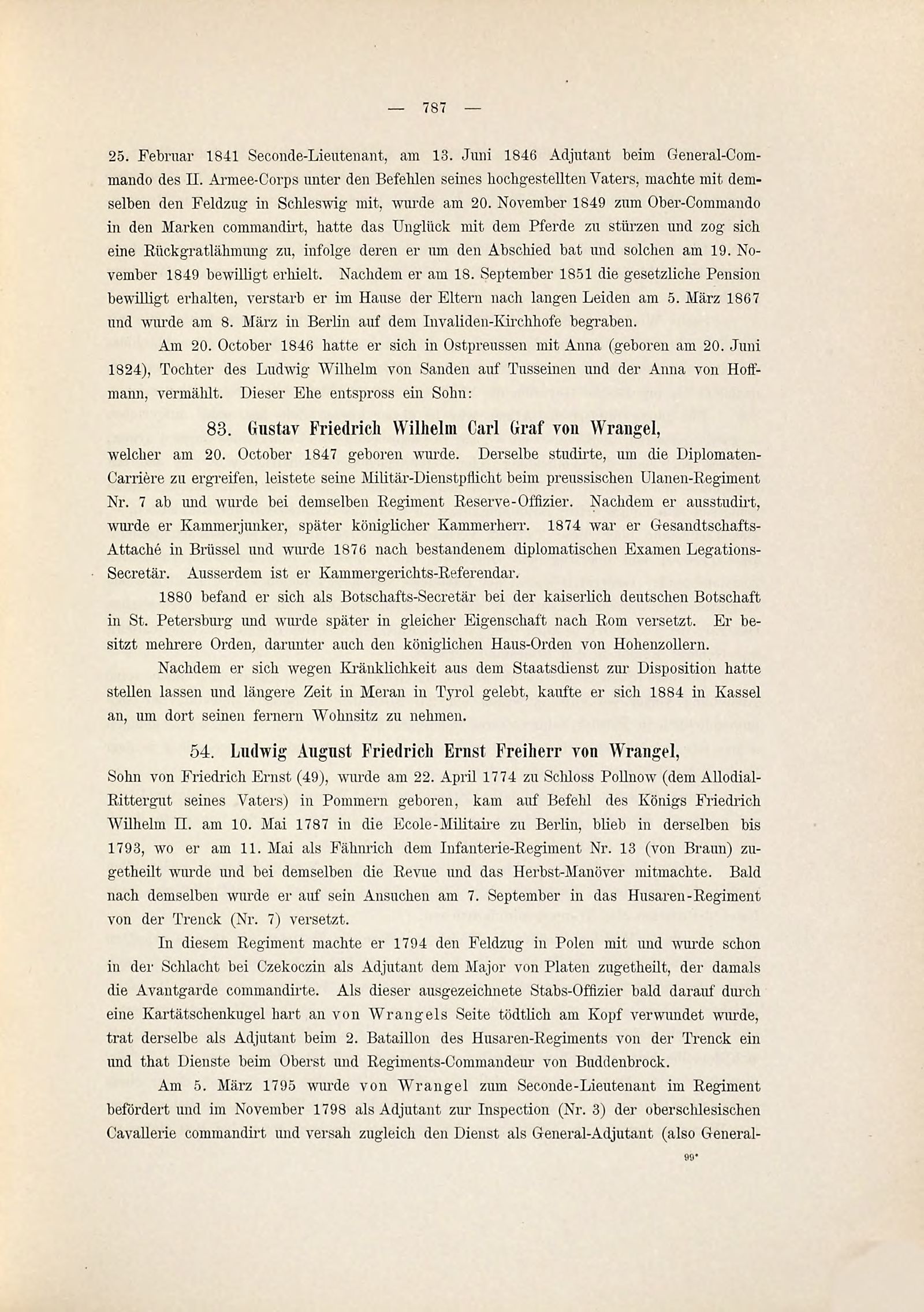 Printed page 787 of the 1887 Wrangel family history stating that Ludwig von Wrangel entered the Ecole-Militaire in Berlin on 10 May 1787