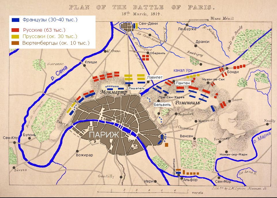 Period plan of Paris and the Allied approach in March 1814