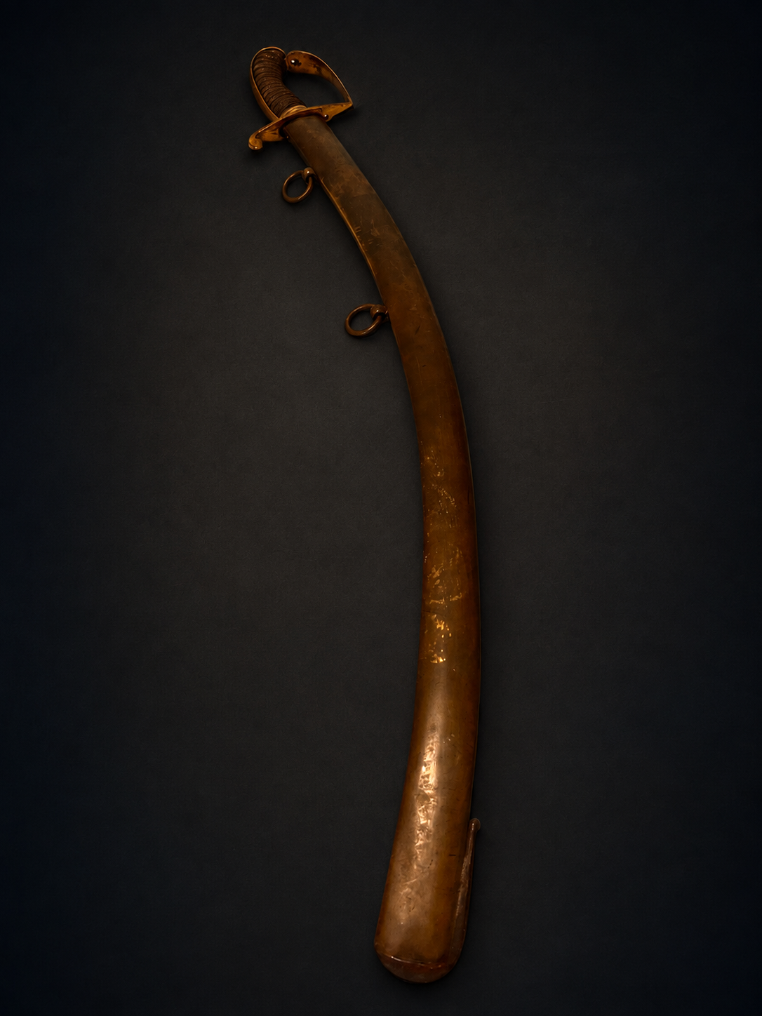 Full-length view of the Wrangel campaign saber sheathed in its brass scabbard